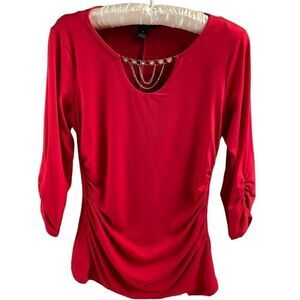 AGB Ladies Ruched Attached Faux Necklace Red Dress Top Size Medium Red